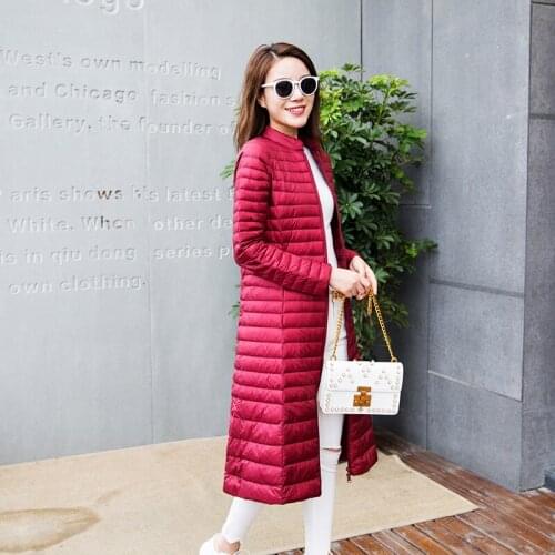 Autumn Winter Long down Jacket Women Korean high quality Stand Collar Ultra Thin Down Coat Lightweight Solid Warm Liner Outwears