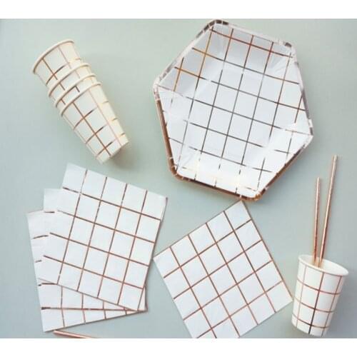 Rose Gold Frame Hexagon Plates Cup Napking With Grid Lattice Party Disposable tableware cultery Tray Dishes Tower