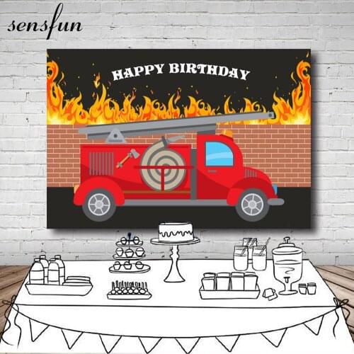 Sensfun Background For Birthday Photography Fire Truck Party Banner Decor Brick Wall Backdrop Boy Photo Studio Prop