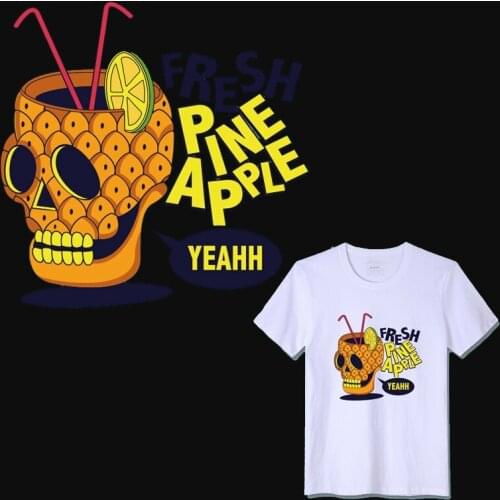 Skull Pineapple Drink Heat Transfers Fresh Fruit Letters Patch Iron On Clothing DIY Jacket Jeans Hot Printed Dress