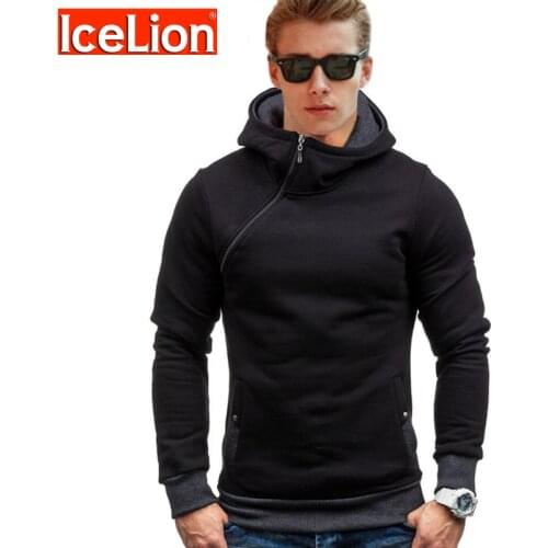 IceLion 2021 Spring Fitness Hoodies Men Oblique Zipper Hooded Sweatshirts Fashion Solid Sportswear Slim Fit Pullover Tracksuit