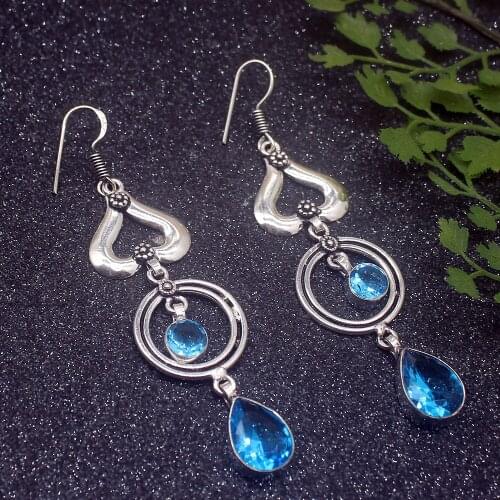 Vintage Charms Shiny BlueTopaz Silver Color For Women Drop Dangle Earrings 3 1/8 inch HD531