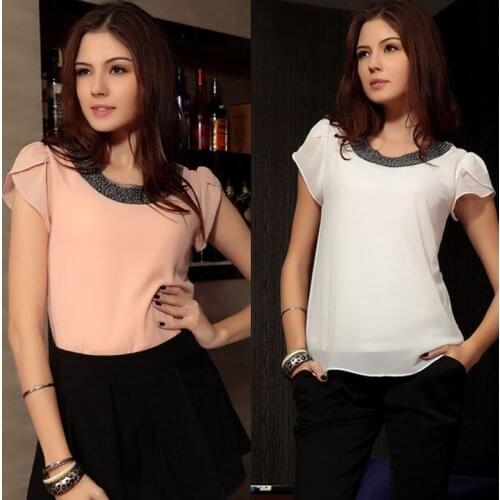 Fashion EU model summer Women&Lady Big size chiffon casual vintage Loose Blouses/Beading neck,Pullover Chiffon Tops W00213