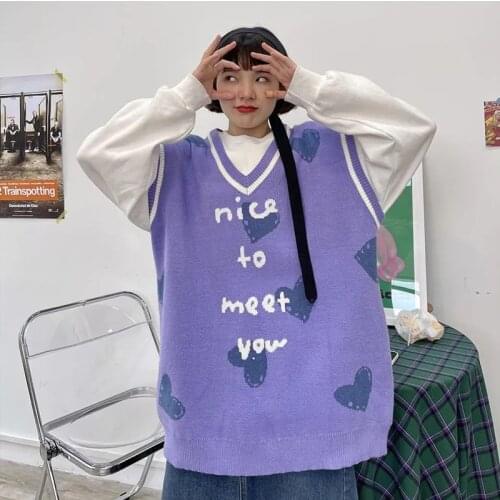 Heart Sweater Vest Women Sweet Casual Korean Fashion V-neck Pullover Knitted Tops Y2K Sleeveless Winter Clothes Women 2021 New