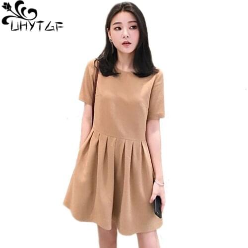 UHYTGF Summer Clothing Dresses Womens Elegant O-neck Korean Dress Women Fashion Plus size Short-sleeve Beach girl Dresses X213