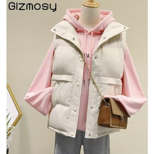 Gizmosy 2021 Autumn Winter Down Cotton Vest Women Turn Down Collar Sleeveless Thicken Warm Zipper padded Vest Waistcoat Jacket