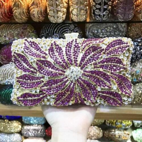 Gold Silver Flower Purse Diamond Crystal Female Party Mini Handbags Fuschia Clutch Bag Wedding Pouch SC752