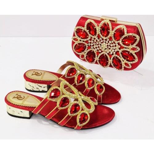2021 Summer New Deisgn Nigerian Women Shoes and Bag Set in Red Color High Quality Slippers wity Platform for Garden Paraty