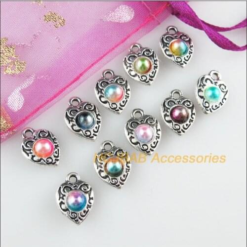 30 New Heart Charms Mixed Acrylic Flower Pendants Tibetan Silver Tone 9x13mm