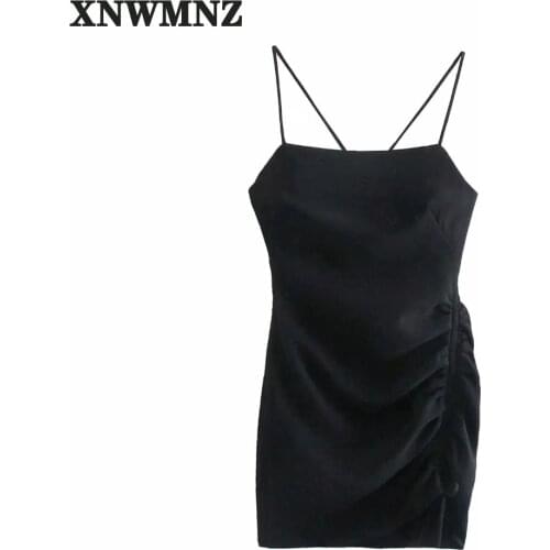 XNWMNZ Za Black Sexy Dress Women Slip Backless Dresses Woman Summer 2021 Ruched Strappy Mini Dresses for Women Club Short Dress