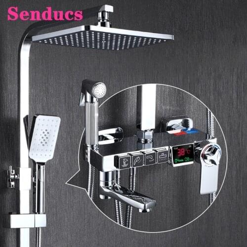 Digital Shower System Senducs Chrome Thermostatic Shower Mixer Set Rainfall Shower Head Copper Bathroom Faucet Gold Shower Sets