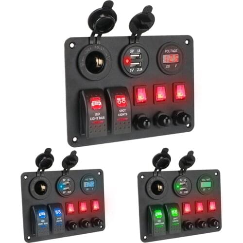 Digital Voltmeter With Overload Protector 2+3 Gang Rocker Switch Panel Car Marine RV Circuit LED Breaker Dual USB Ports