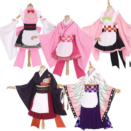 2020 Demon Slayer Kochou Shinobu Kamado Nezuko Kanroji Mitsuri Kibutsuji Muzan Kimono Maid Uniforms Cosplay Costume