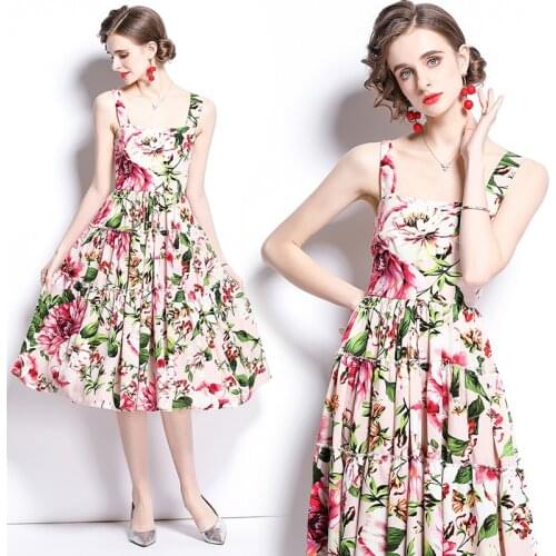 Summer womens fashion print suspenders big swing mid-waist sleeveless vest dress