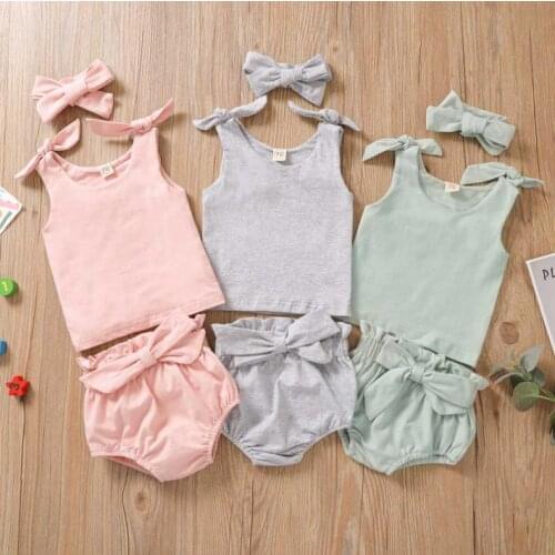 3Pcs Set Baby Girl Summer Outfits Sleeveless Tie Knot Tank Top Vest Bloomers Headband Set Baby Casual Clothing