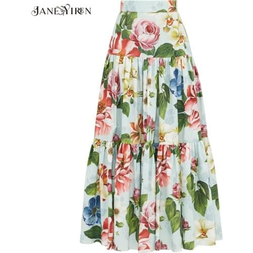 Jianyiren Summer Women Rose Floral-Print Elegant skirt
