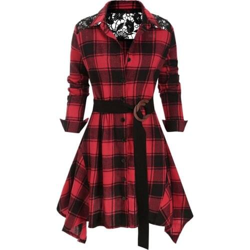 Fashion Gothic Womens Tops And Blouses Women Lapel Lace Button Plaid Print Long Sleeve Blouse Shirt Blusas Mujer De Moda 2021