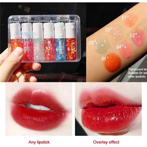Lip Gloss Set Box 6Colors Alluring Fine Glitter Lipstick Overlay Lip Gloss Small Sequin Plumping Lips Oil Makeup Cosmetics TSLM1