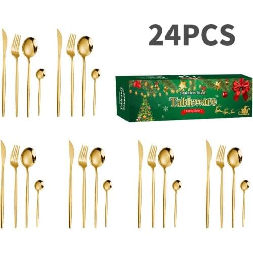 24 Pieces Fork Spoon Knife Cutlery Set Stainless Steel Cutlery Complete Gold Tableware Sets Kitchen Christmas Gift Box Set