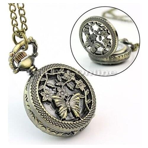 New POCKET WATCH Women necklace HOLLOWED BUTTERFLY Watch FLOWERS steampunk Jewelry Woman
