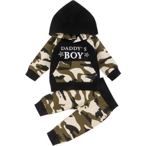 1-4Y Autumn 2Pcs Baby Boy Clothes Kids Boys Clothing Suits Outfits Sets Letter Camo Hooded Tops + Pants