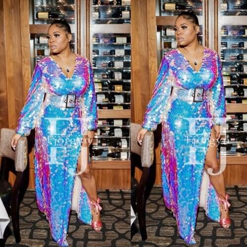 Glittering Sexy Gradient Sequins Dresses Custom Made Long Sleeve High Split Women Elegant Party Gowns Dress Ins Same Style