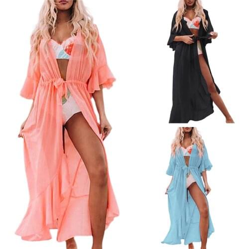 Solid Color Bikini Cover Ups, Women Long Ruffle Sleeve Irregular Hem See Through Cardigan