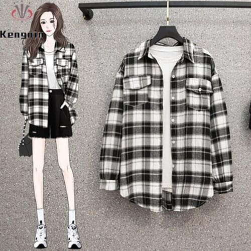 New 2021 Autumn Loose Plus Size 4XL Womens Shirts Long Sleeve Plaid Female Blouse and Shirts Casual Lady Black Tops KN231