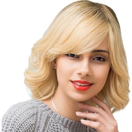 Women Short Curly Wavy Bob Wig Natural Blonde Human Hair Full Wigs with Cap