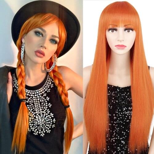 AZQUEEN Synthetic Long Straight Wigs With Bangs for Women Cosplay Wig Orange Color 30 Inches Central Part Hair Wine Red Colour