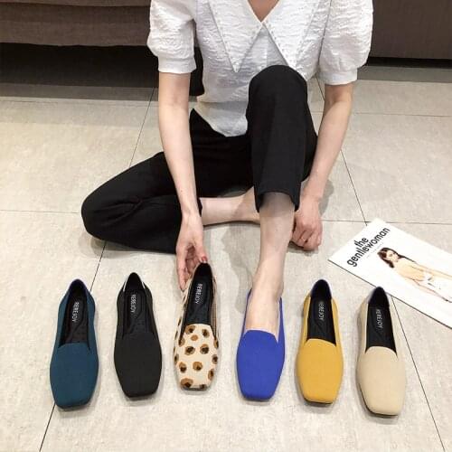 Womens shoes flat shoes walking shoes knitted square toe breathable and antiskid ox tendon sole, new style in 2021