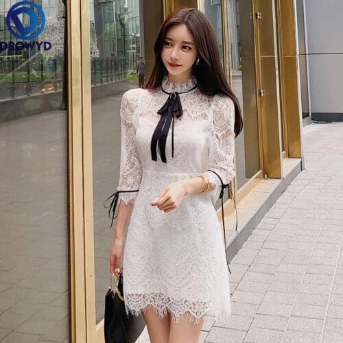 Fashion Midi Dress Womens 2021 Summer Plus Size Kawaii Black White Elegant Korean Style Clothing Fashion Lace Patchwork Dresses