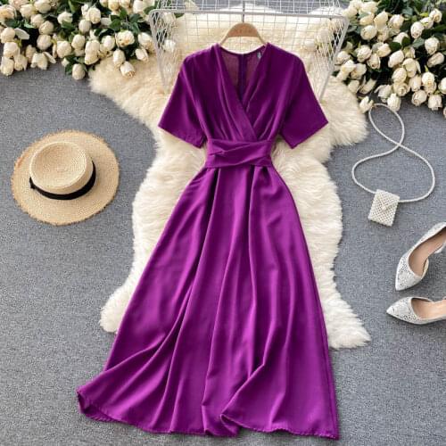 French Style Robe Womens Elegant Dress Solid V Neck Short Sleeve Bandage Dress 10 Colors 2021 Summer Female Vestidos
