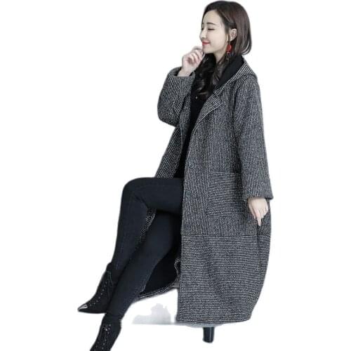 2020 Fashion Large Size Womens Autumn Winter Woolen Coat Korean Loose Long Plus Velvet Thickened Hooded Wool Jackets Tops V897