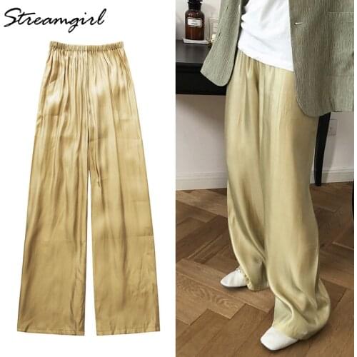 Satin Loose Wide Leg Pants Women Summer Elastic Waist Casual Pant Female Pantalon Femme Large Summer Womens Satin Pants Women