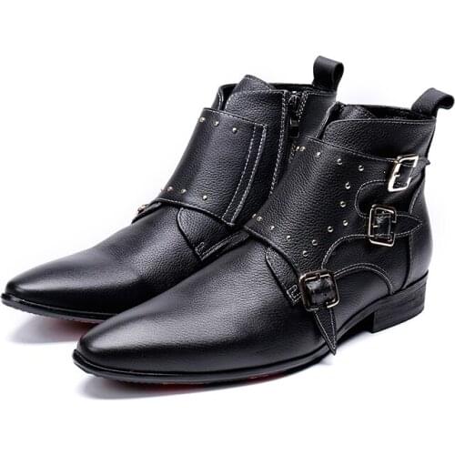 Genuine Leather 3 buckles zip ankle boots fashion rivet oxford pointed toe Martin boots big size 46
