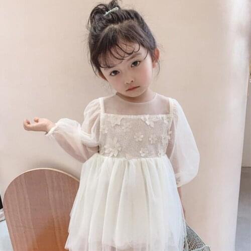 DFXD New Spring Toddler Dress For Girls Puff Sleeve Floral Lace Dress Princess Costume Fashion Party Birthday Dress Vestido 2-7T