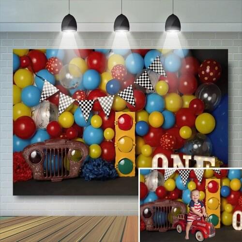 Clolor Balloons Kids 1st Birthday Photography Backdrop Cake Smash Props Toy Car Decoration Baby Background Child Photostudio