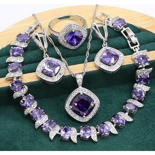 Geometric Purple Amethyst 925 Sterling Silver Jewelry set for Women Bracelet Earrings Necklace pendant Ring