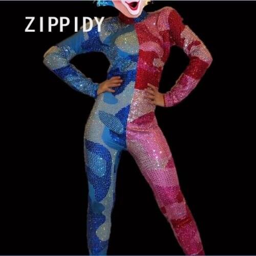 Blue Red Sparkly Crystals Jumpsuit Glisten Stones Individuality Splice Design Costume DJ Singer Outfit Nightclub Party Rompers