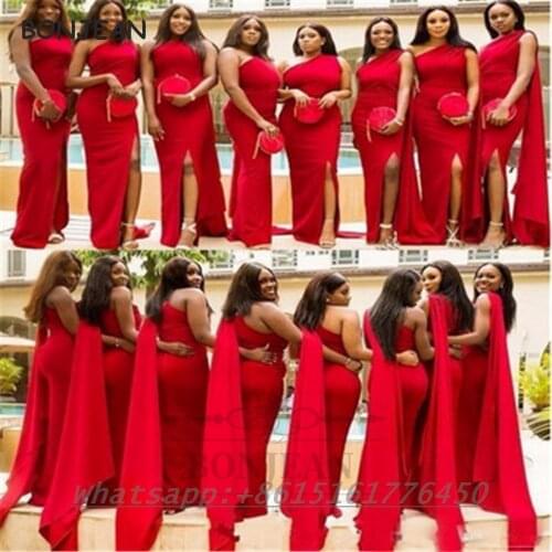 Red Bridesmaid Dresses 2021 One Shoulder Elastic Satin Split Side African Bridesmaid Dress Plus Size for Women Wedding