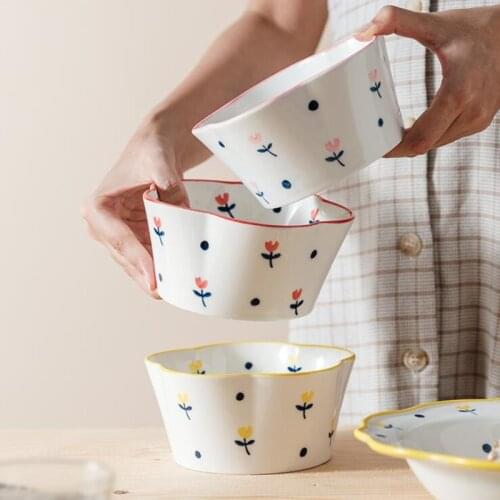 Creative Cute Hand-painted Petal Shape Bowl Ceramic Household Rice Bowl Dessert Salad Fruit Bowl Noodle Bowl Porcelain Soup Bowl