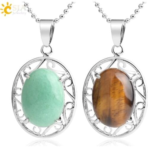 CSJA Fashion Natural Stone Pendant Green Aventurine Tiger Eye Pendants Necklace Prong Setting Oval Bead Reiki Women Jewelry G045