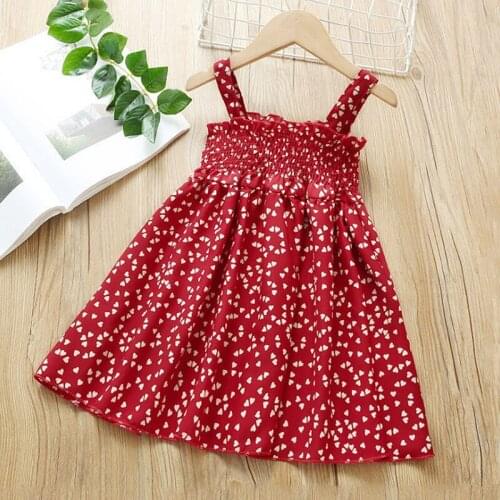 Baby Girls Summer Fashion Dress Printed Sweet Heart Suspenders Dress With Red Flower Princess Dress