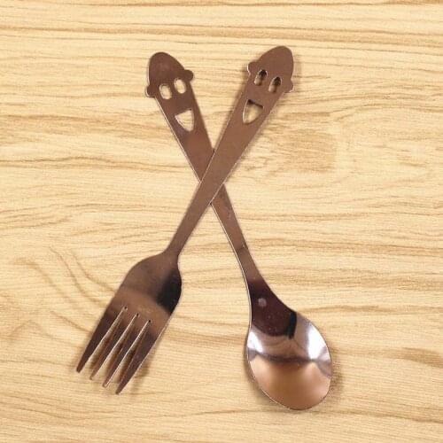 2Pcs Cute Stainless Steel Spoon Fork Set Cartoon Handle Decor Coffee Spoon Cake Dessert Fork Kids Children Tableware