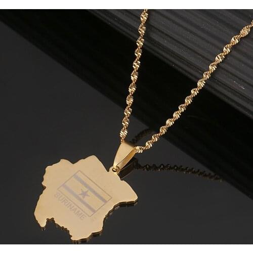 Stainless Steel Suriname Map Flag Necklaces Gold Color Sranan Charms Jewelry Gifts