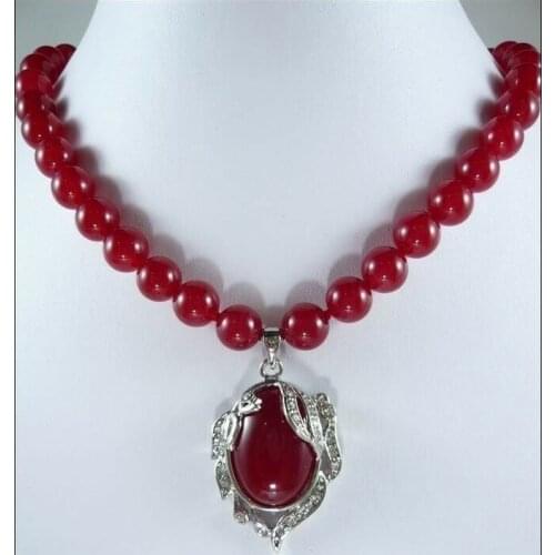 Charming Natural 8mm Red Ruby Round Beads Gemstone Oval Pendant Necklace 18"