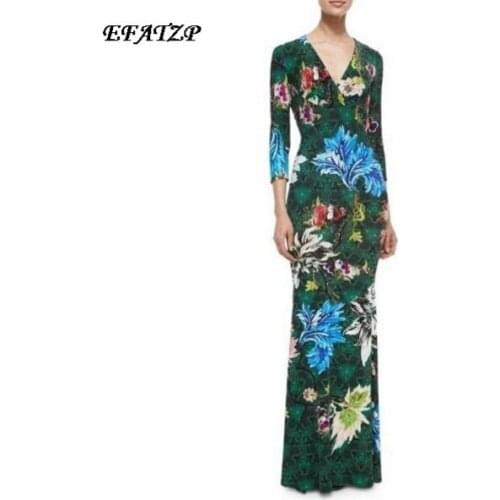 2016 Autumn Luxury Brands Jersey Silk Long Dress Womens Stunning Print v-neck Bodycon Spandex Stretchable Signature Maxi Dress