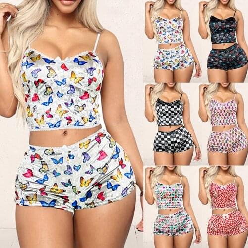 2 Pieces Pyjamas Women Butterfly Printed Soft Sexy Nightwear Suit Lace Lingerie Set Pleated Sleepwear Sets Lady Top+Loose Shorts