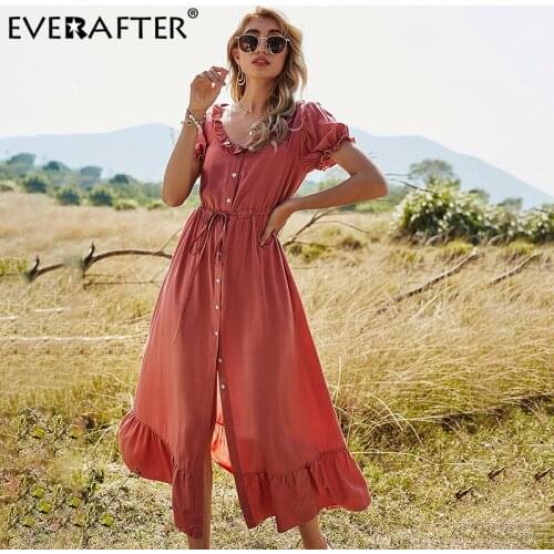 EVERAFTER Women Ruffled Boho Dress Casual High Waist Button Puff Sleeve Sexy Split Party Sashes Solid Soft Lady Summer Dresses